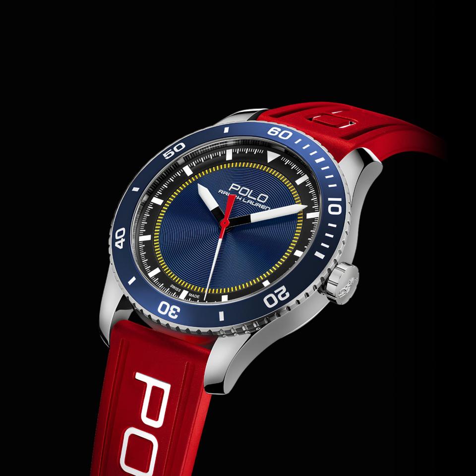 The new Ralph Lauren Polo watch with blue anodized aluminum bezel and a red rubber strap