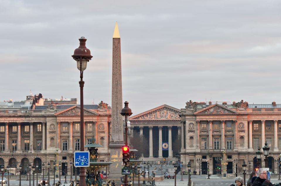 Place de la Concorde and Obelisk, with (in background from left) Hotel de Crillon, Church of the Madeleine, Hotel de la Marine.