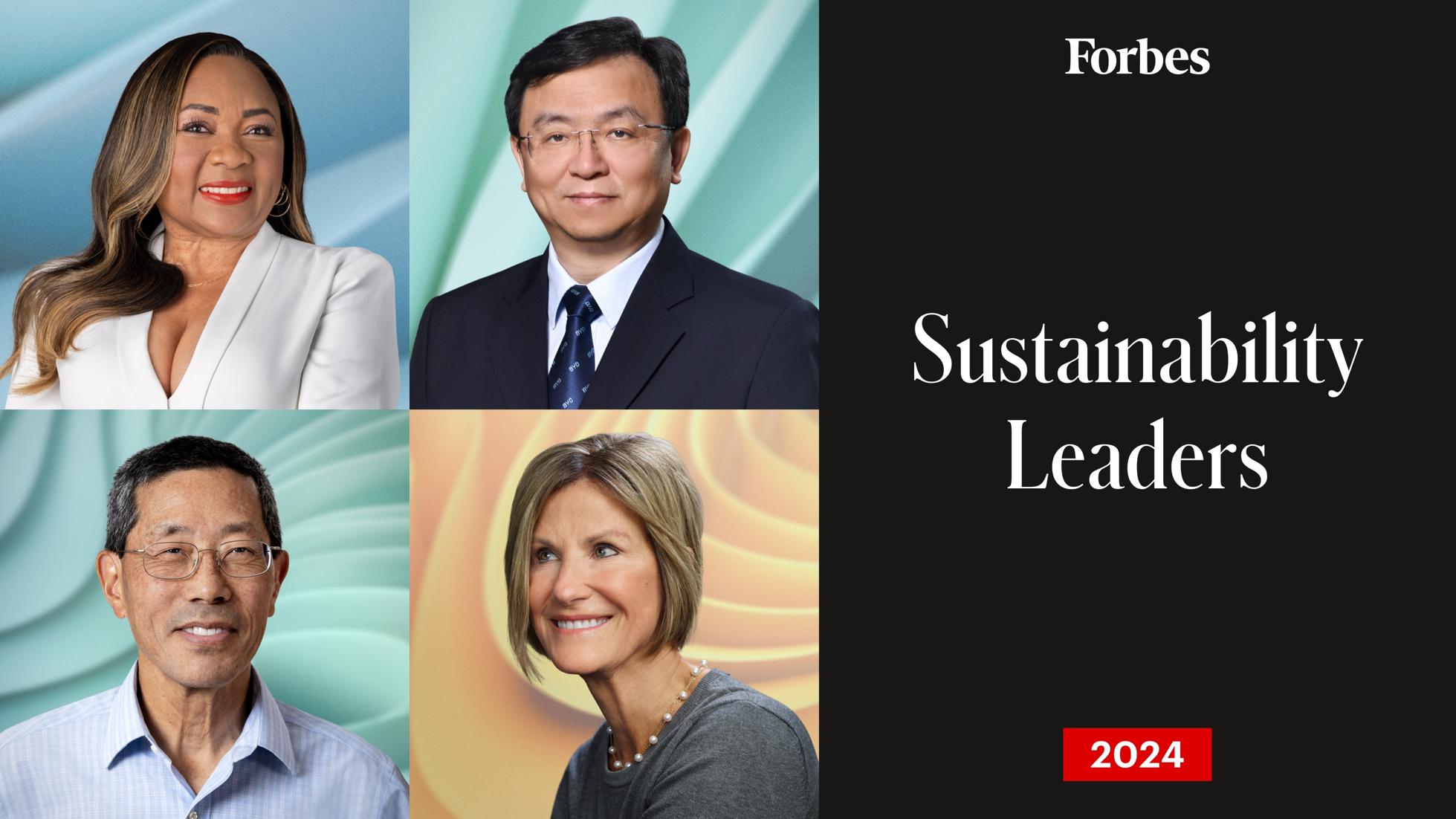 A graphic of Forbes' 2024 Sustainability leaders shows photos of four honorees.