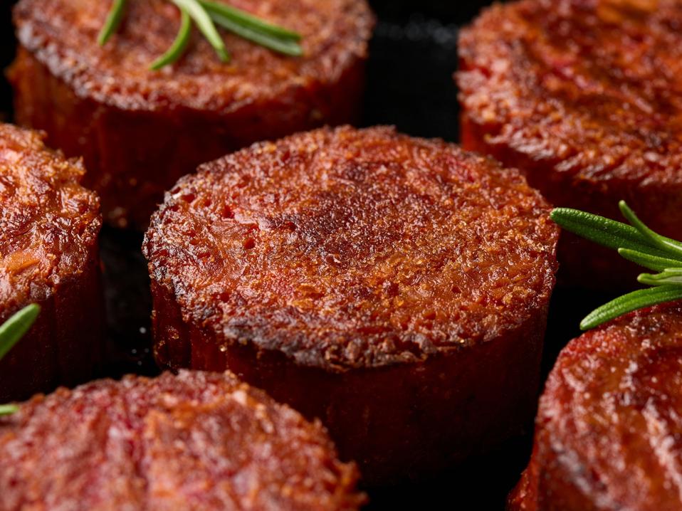 Pan grilled, plant based vegan meat steak with herbs. Alternatives meat. Eco friendly healthy food,