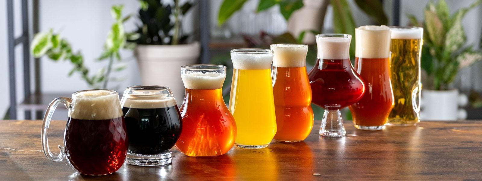 A line-up of hand-blown beer glasses from Pretentious Glass Co.