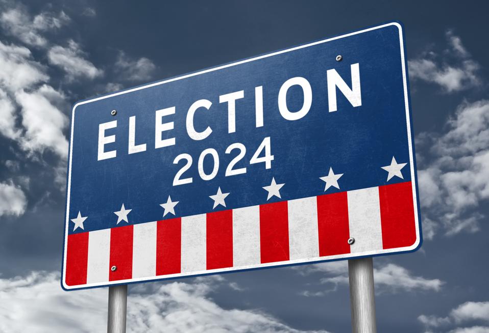 Patriotic road sign that has 'Election 2024' written on it