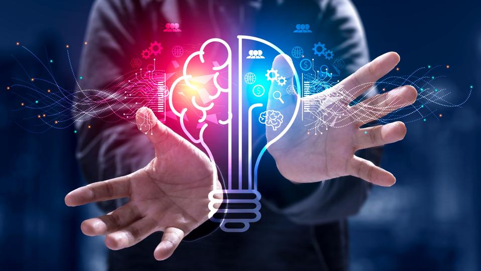 A digital illustration of a man holding a glowing light bulb with a brain and neural network, utilizing creative thinking, innovation, and AI.