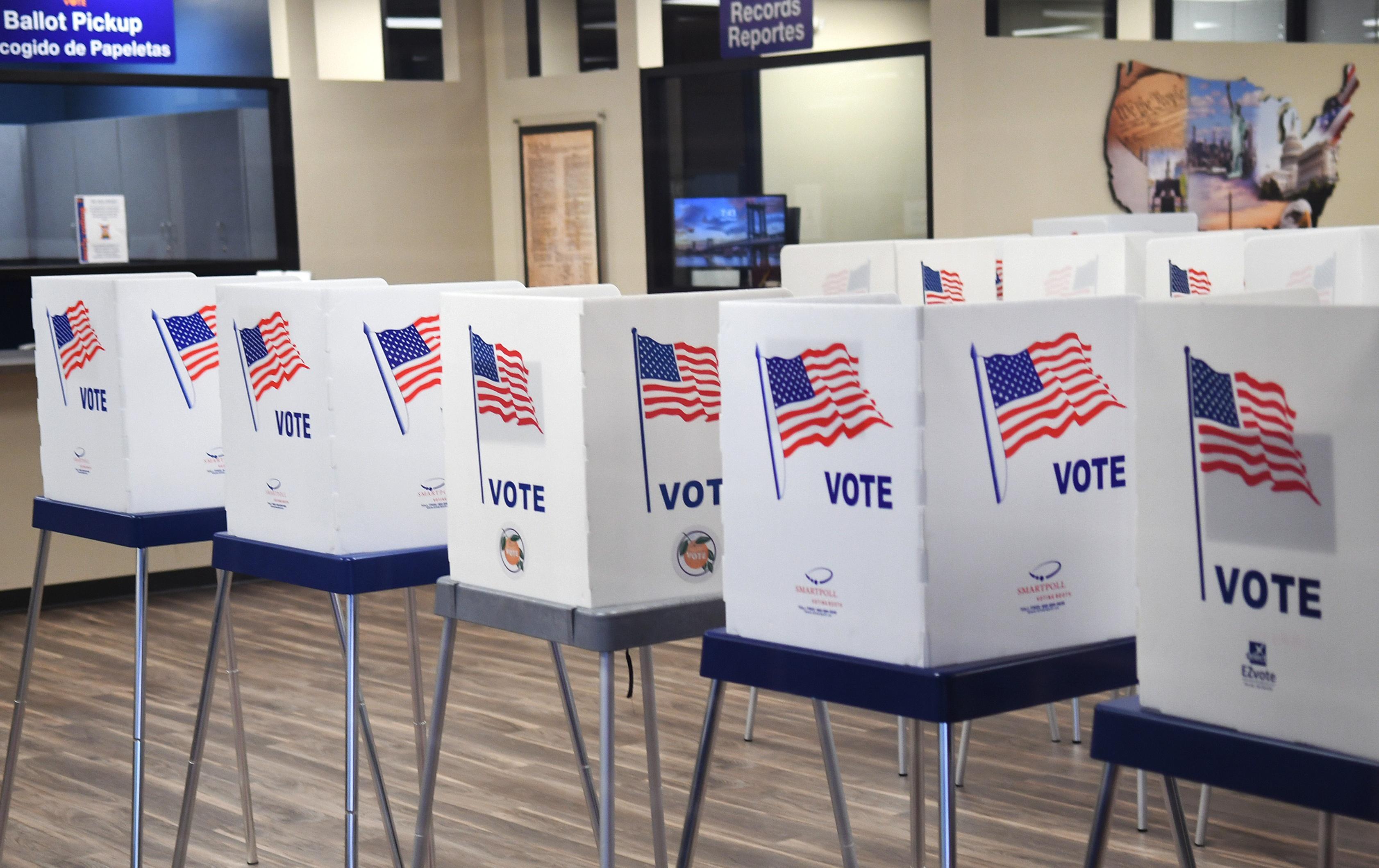 Voting booths are set up at a California polling location.