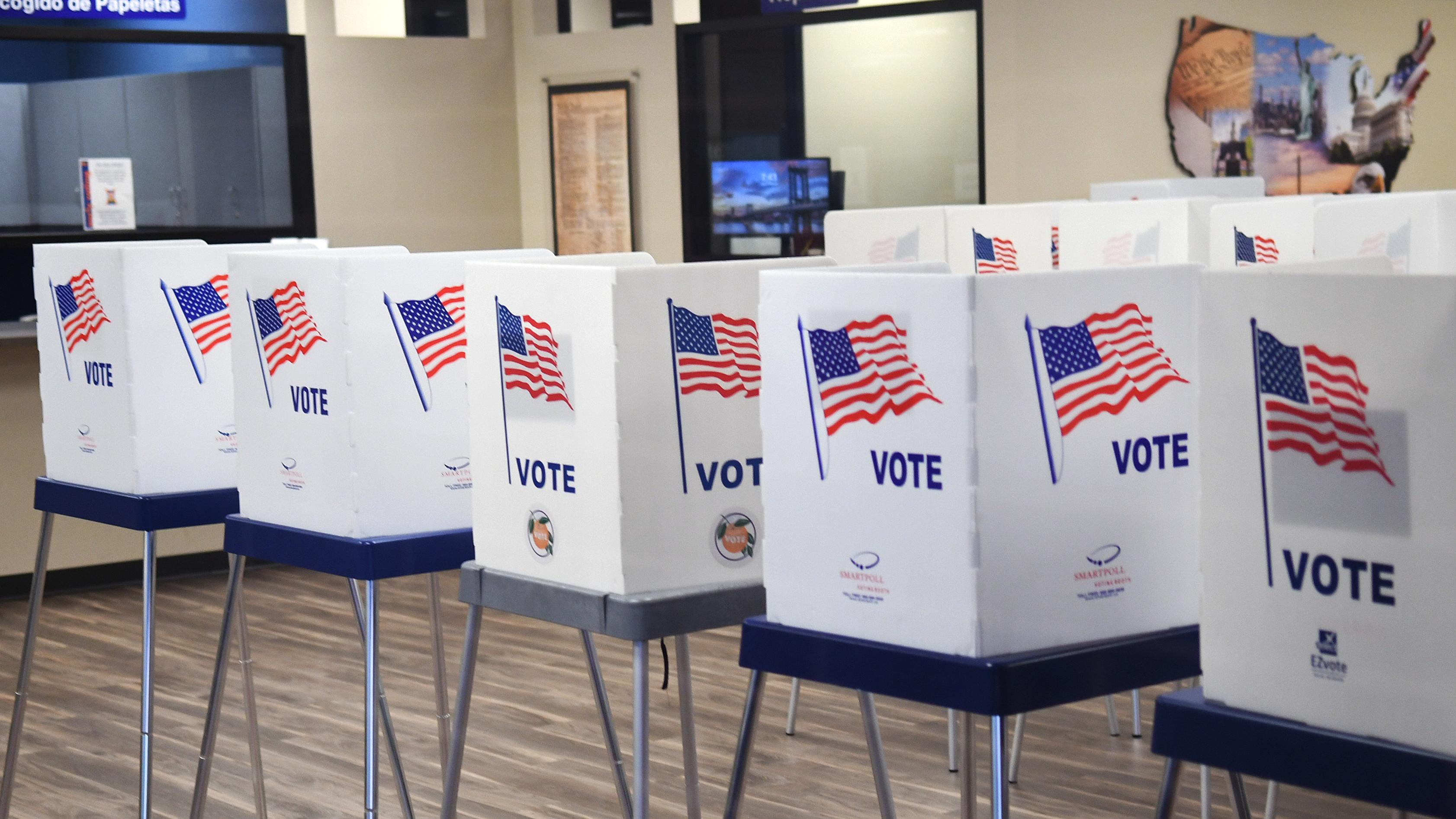 Voting booths are set up at a California polling location.