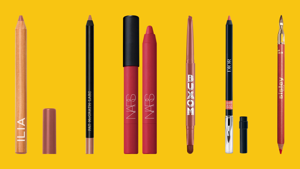 Six lip liners against yellow background