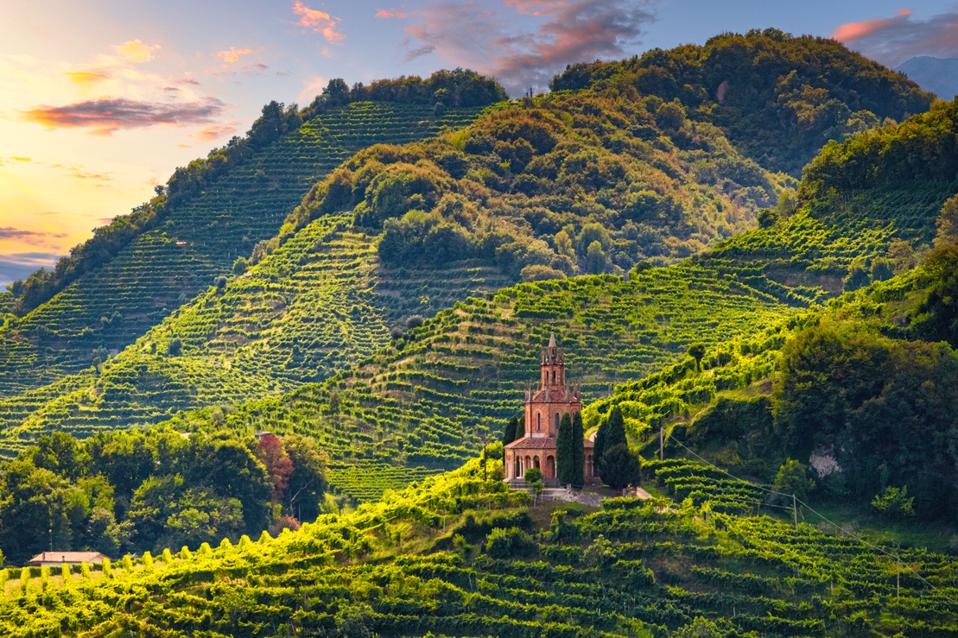 Farra di Soligo - Col San Martino - Church of San Martino - Prosecco hills at sunset