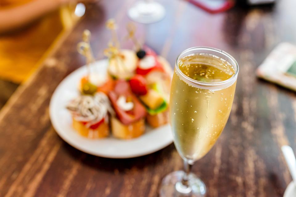 spanish tapas sanwich appetizer and Cava wine, Catalan traditional cuisine