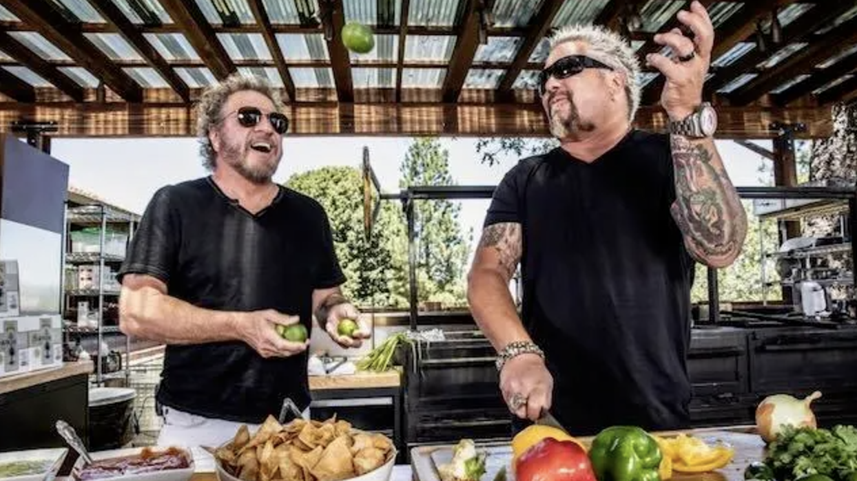 Sammy Hagar and Guy Fieri juggle limes while promoting Santo Tequila.