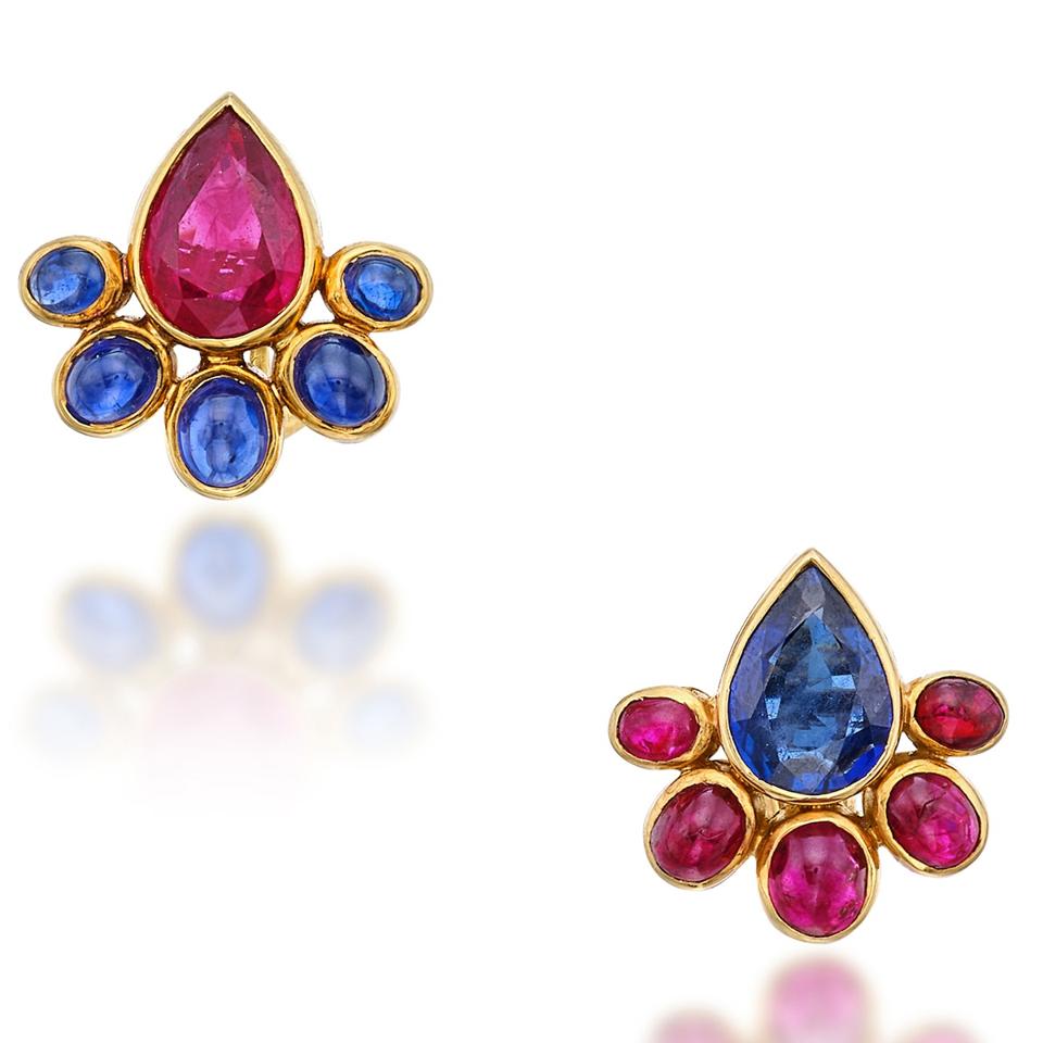 Ruby and sapphire earclips by Suzanne Belperron at Sotheby's.