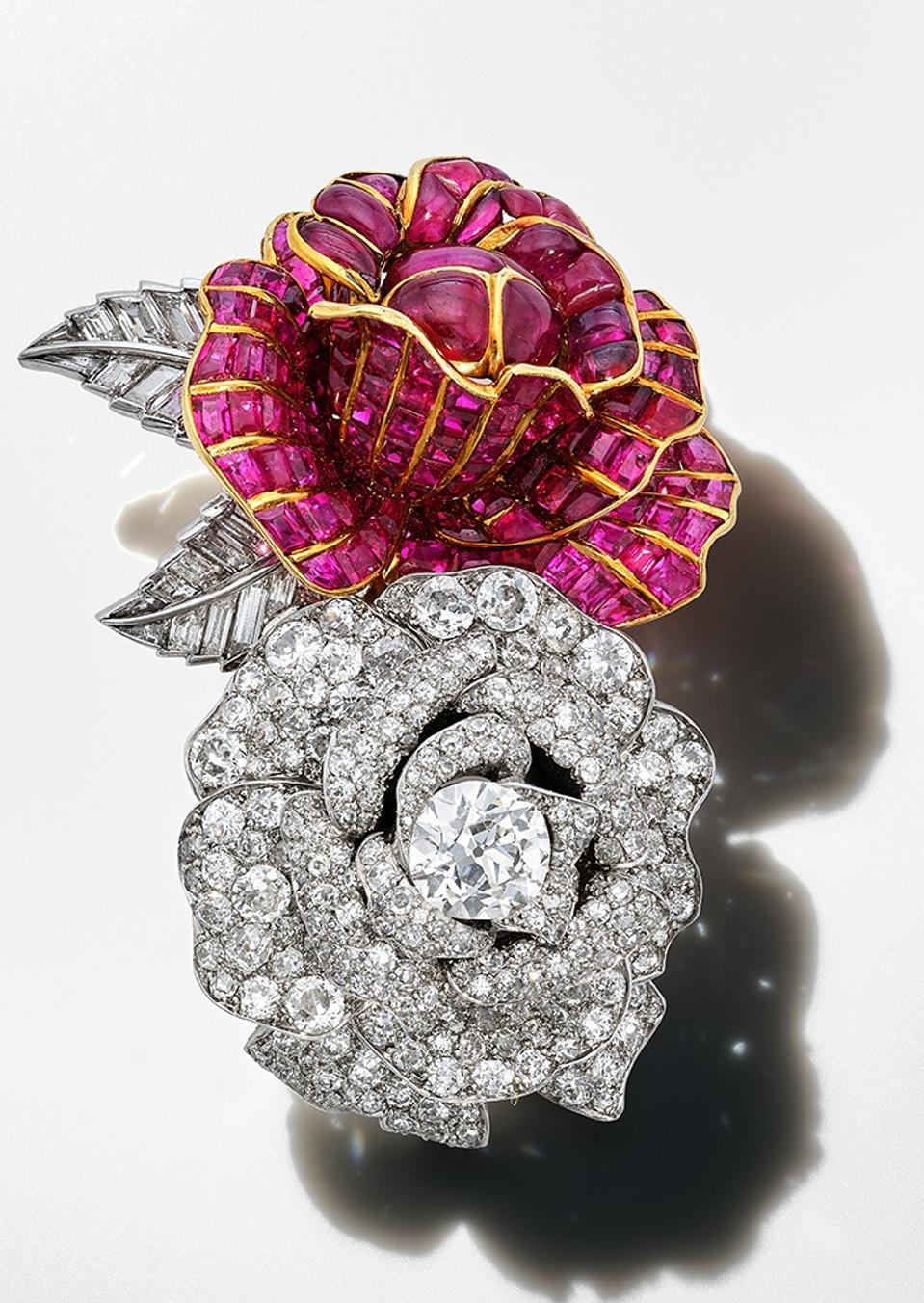 Ruby and diamond rose brooch by René Boivin, at Sotheby's.