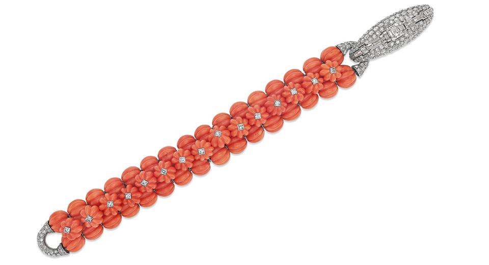 Cartier Art Deco diamond and coral bracelet, at Christie's.
