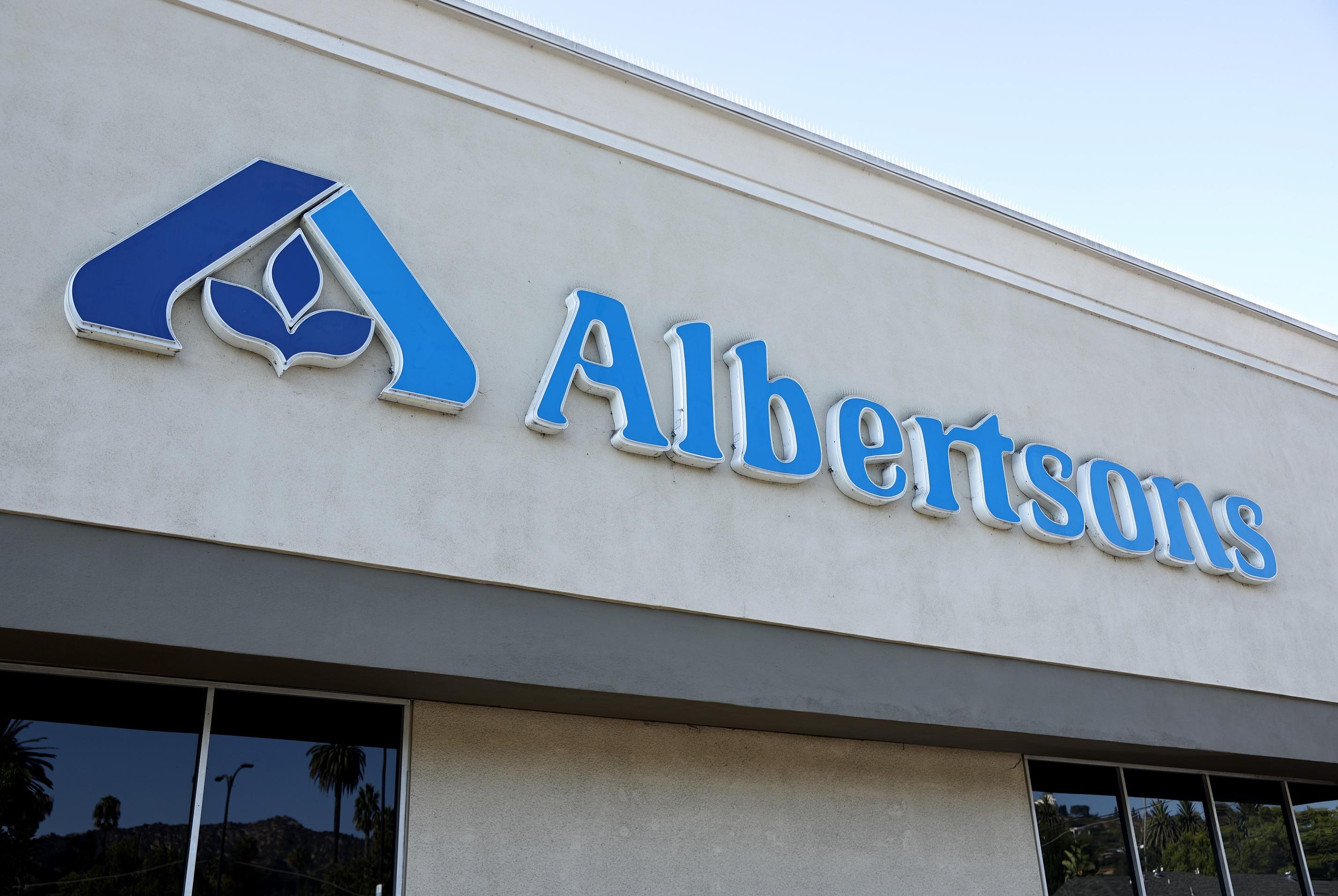 The Albertsons logo is displayed at an Albertsons supermarket in Los Angeles.