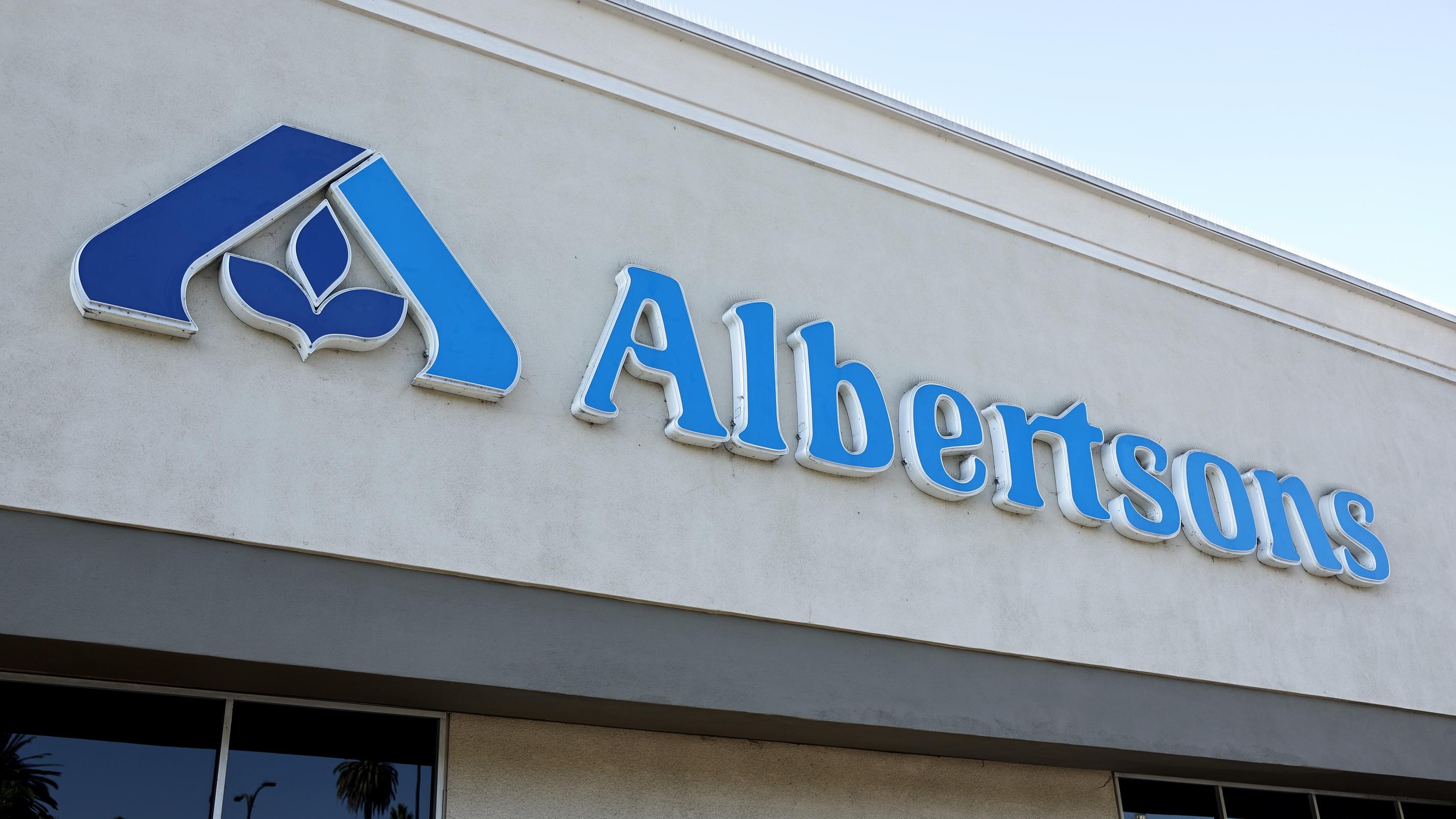 The Albertsons logo is displayed at an Albertsons supermarket in Los Angeles.