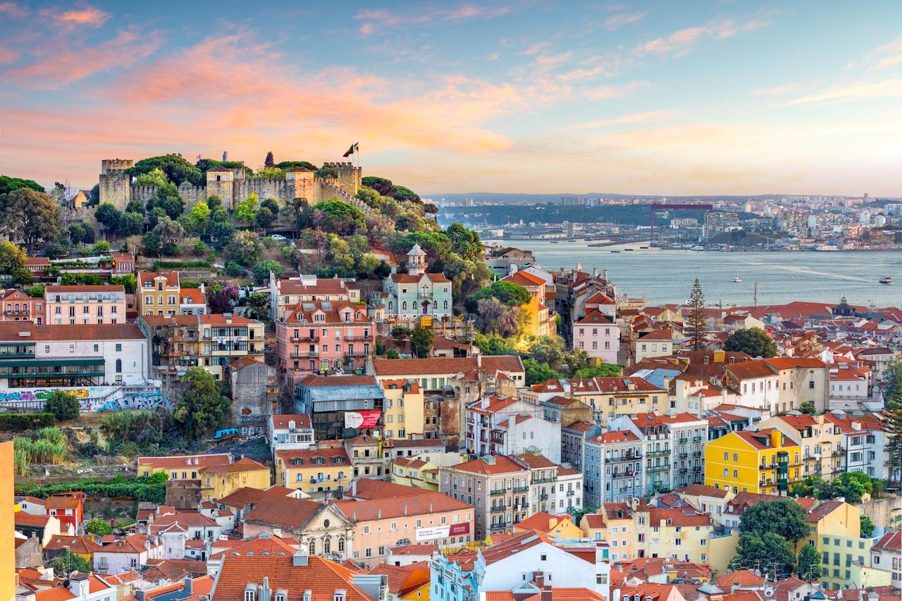 Lisbon, Portugal skyline with multicolored houses
