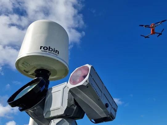 A Robin Radar system looks skyward to detect incoming drones.