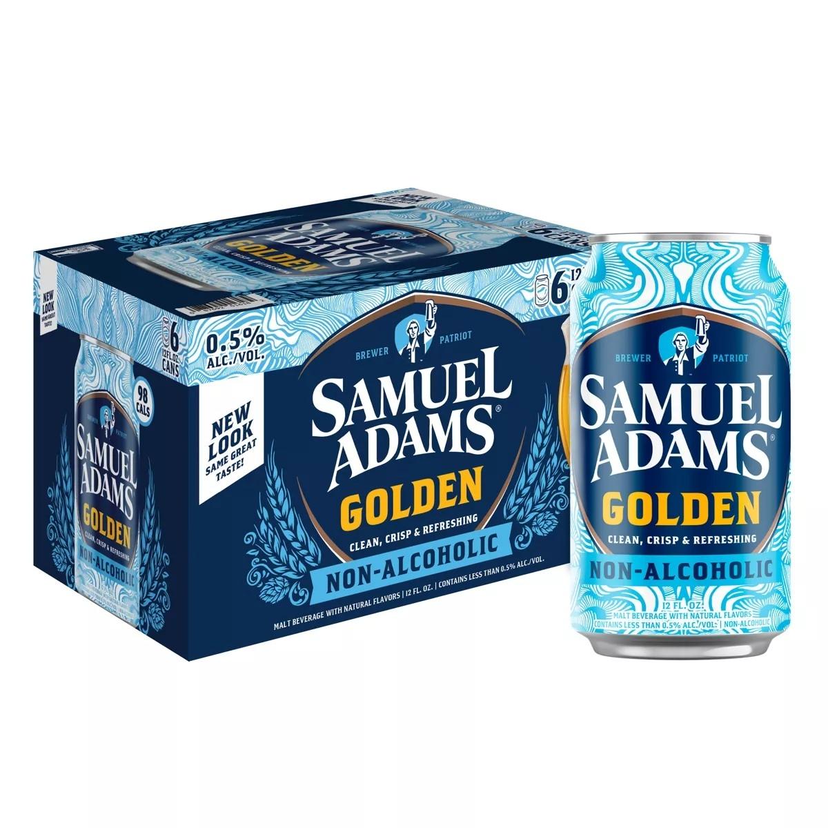 A six-pack box and a can of Samuel Adams Non-Alcoholic Golden