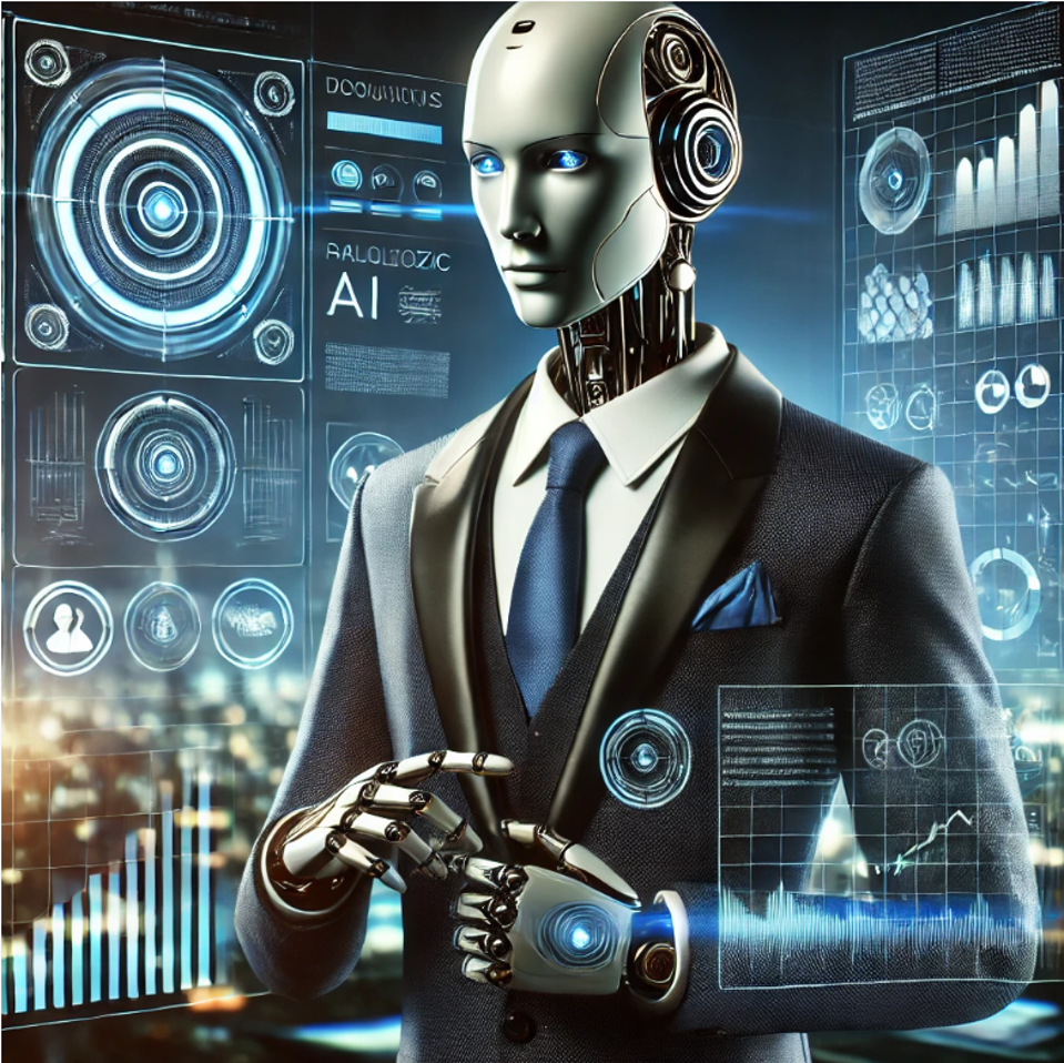 Robot in a business suit handling various business activities