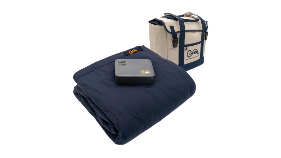 Cozee Battery Powered Heated Blanket and tote on white background