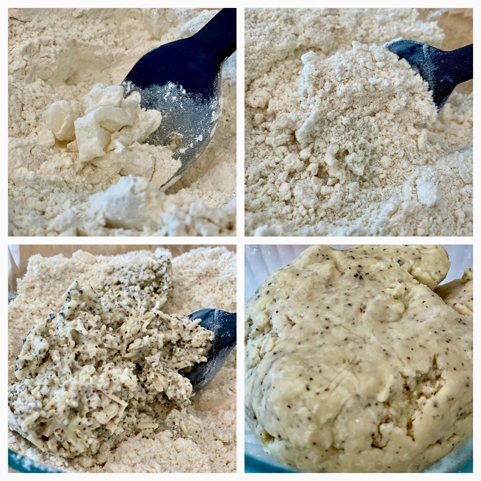 The four steps of making these biscuits are seen in the four photos in this photo collage. Top squares 1 and 2 are cutting the fat into the flour until it resembles coarse sand, Bottom squares 3 and 4 are adding the cheese and pepper mixture, and combining the flour and the cheese mixture until it can be shaped into a disc.