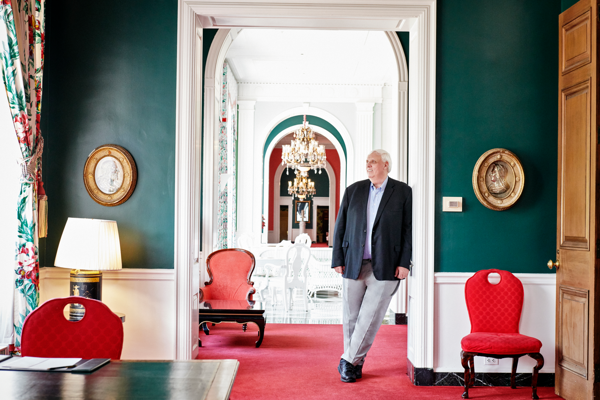 Senator Jim Justice in the hallway at the Greenbrier resort in White Sulphur Springs, West Virginia.