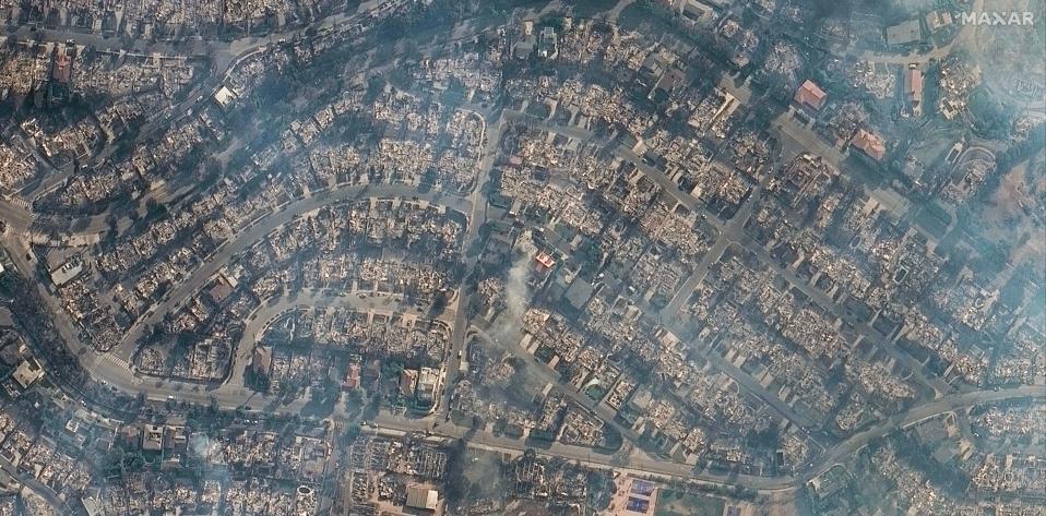 LOS ANGELES FIRES, CALIFORNIA -- JANUARY 9, 2025: Sequence image 10. Maxar AFTER satellite imagery of additional homes of the destruction in Pacific Palisades, Los Angeles, California. Please use: Satellite image (c) 2025 Maxar Technologies.