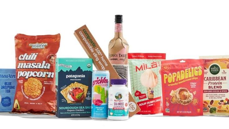 A collection of snacks and products available at Whole Foods.
