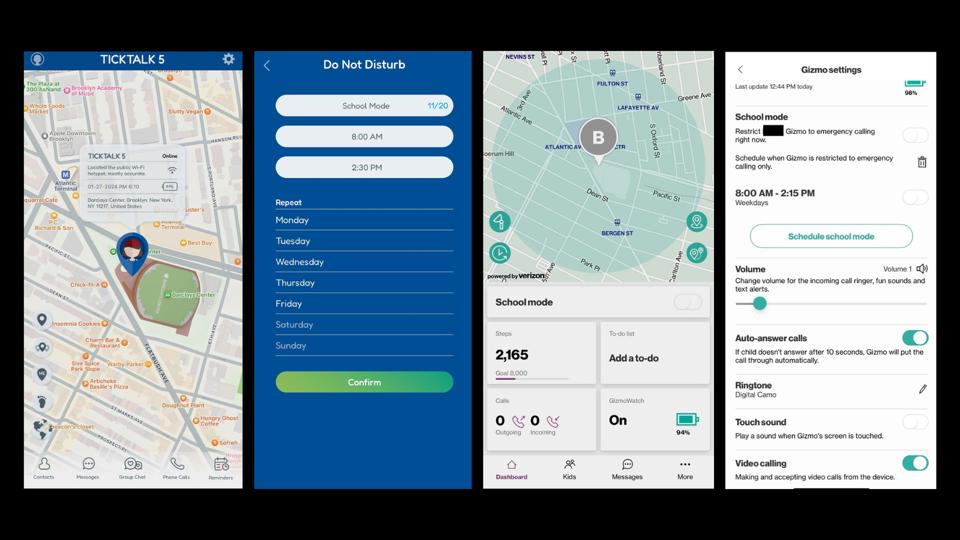 Four screenshots of the companion apps and parental controls in kid smartwatches