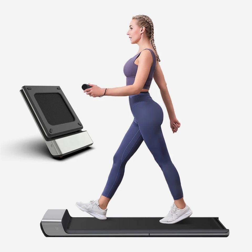 2 images of the WalkingPad P1 Classic: One of a woman walking on it, and one of it folded