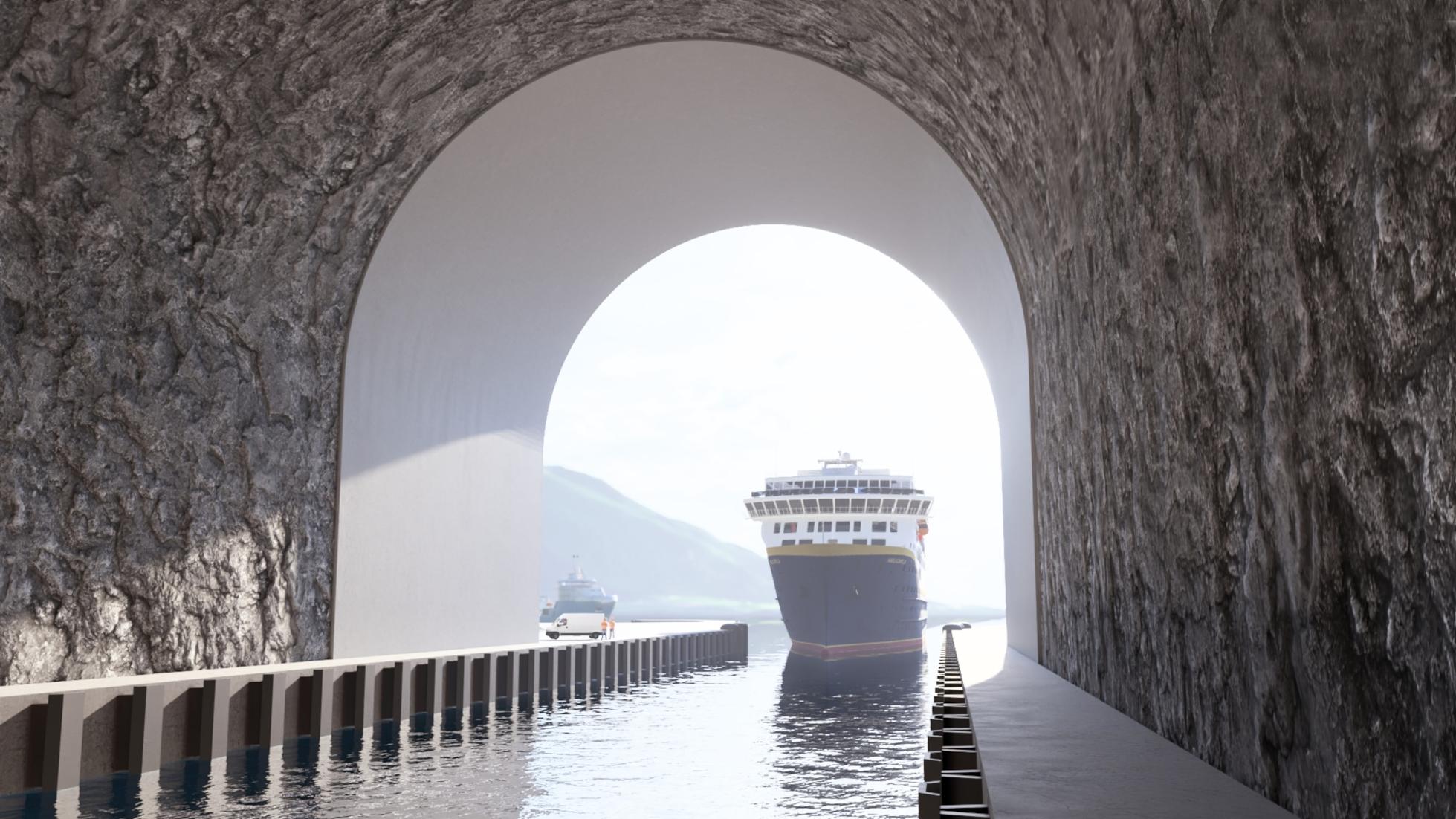 Illustration of Havila coastal ferry entering the Stad Ship Tunnel.