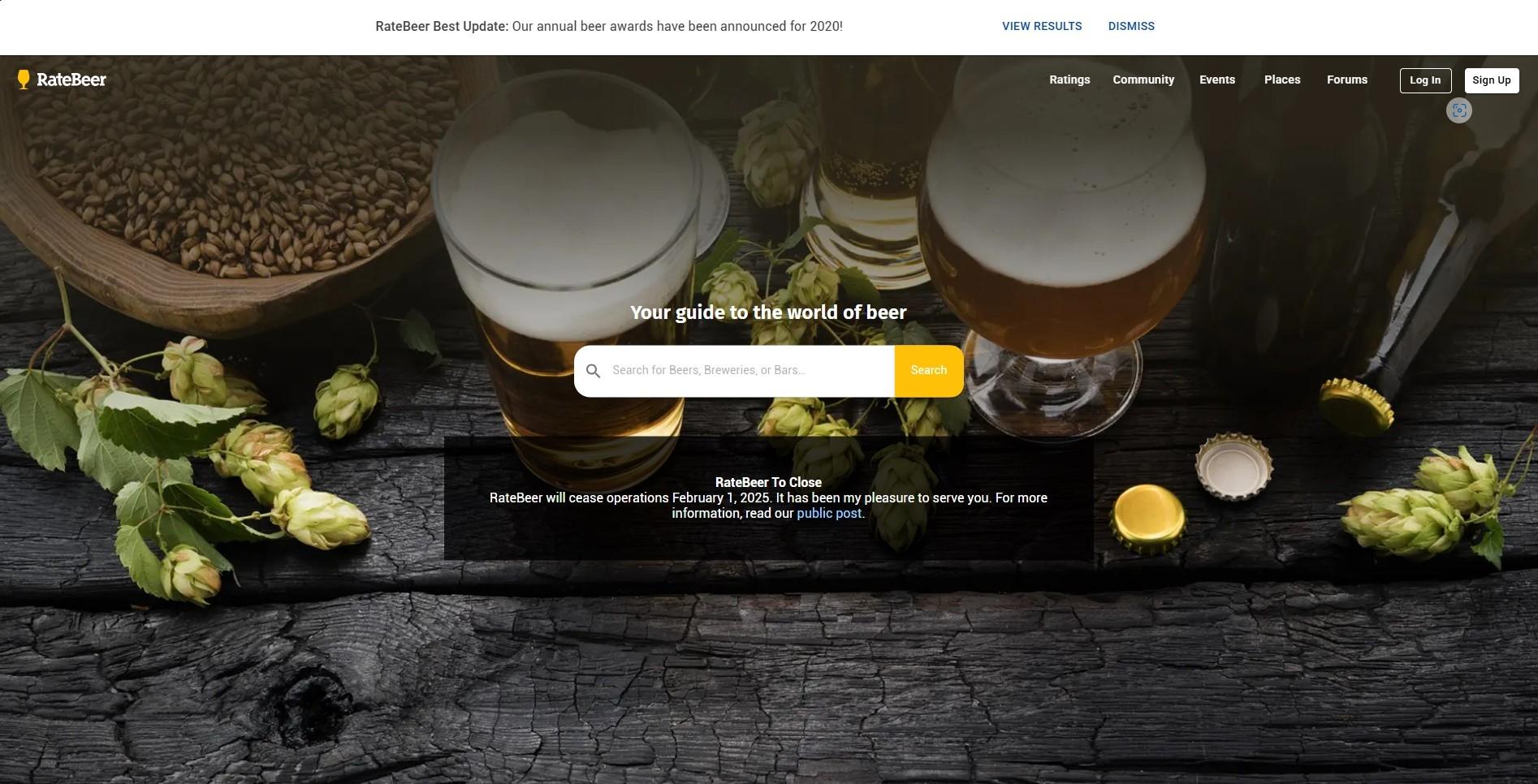 A screenshot of the RateBeer homepage.
