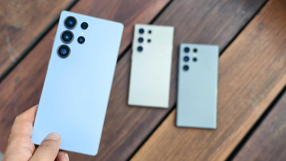 Samsung Galaxy S25 Ultra with Galaxy S24 Ultra and Galaxy S23 Ultra in the background.