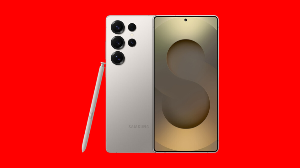 The Samsung Galaxy S25 Ultra on a red background