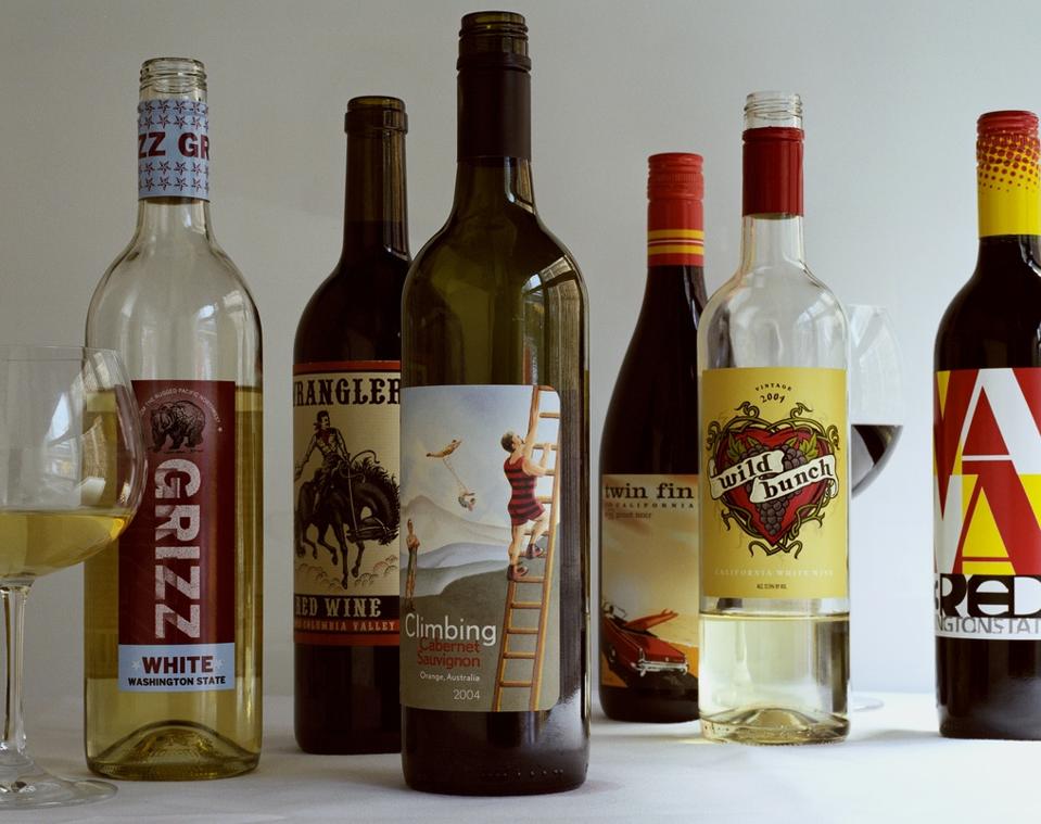 wine bottles with colorful labels