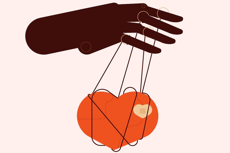 Love manipulation. Heart on manipulative strings, relationship puppet concept.