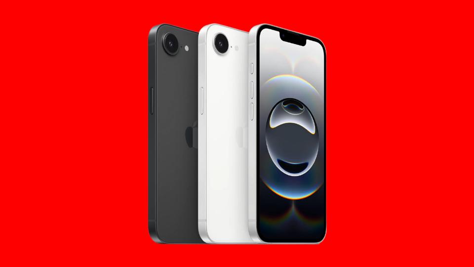 iPhone 16E on a red background