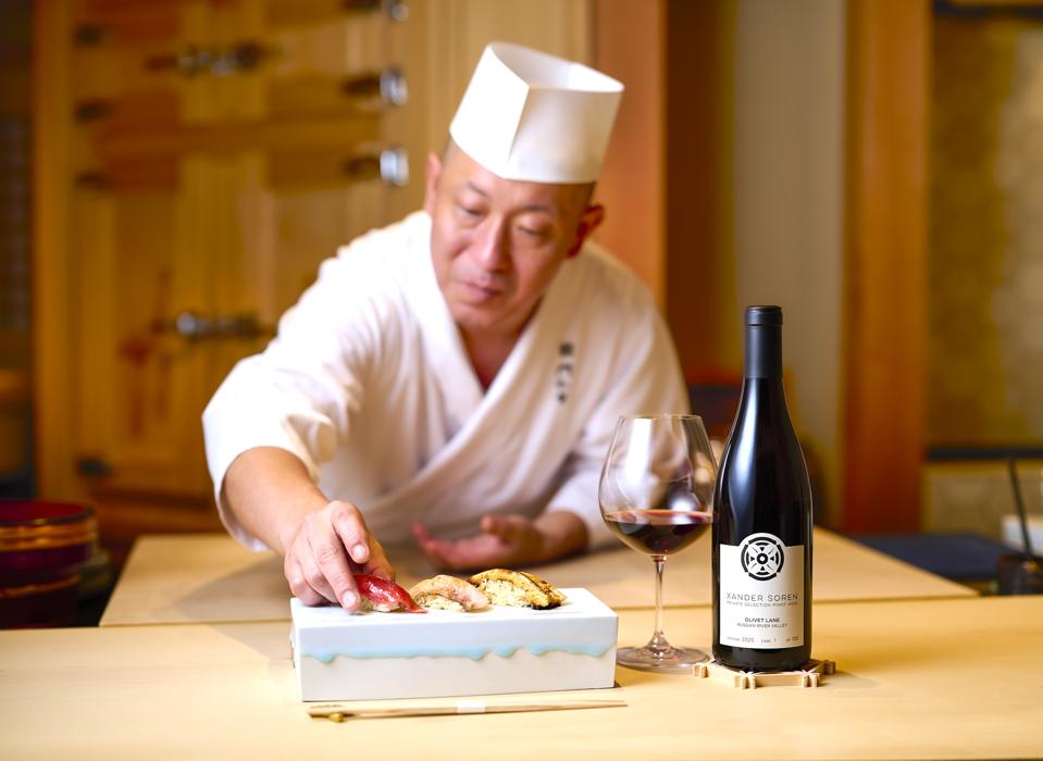 Sushi chef Takatoshi Kadowaki serves traditional sushi with Soren’s Pinot Noir.