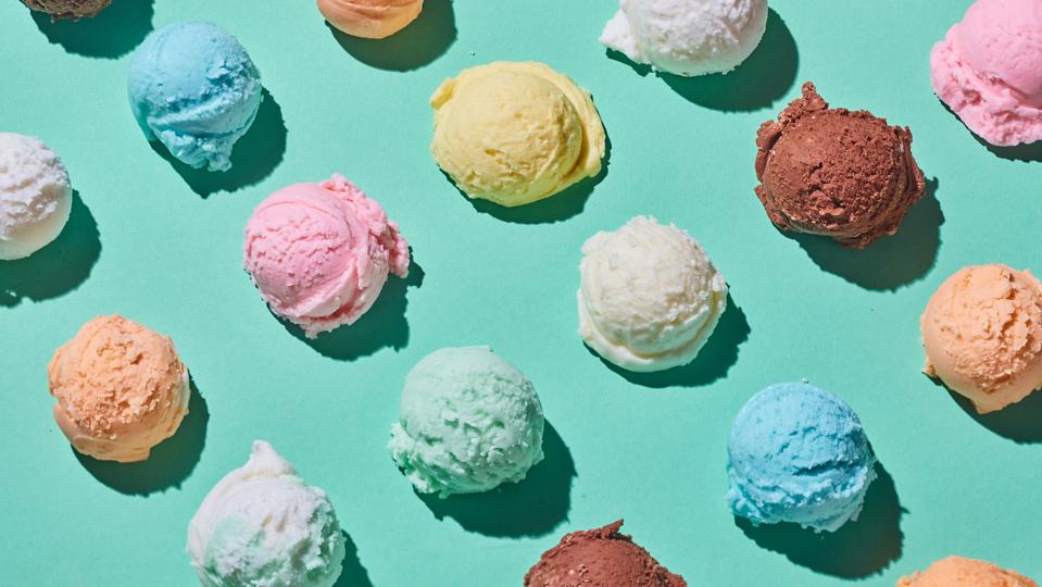 Colorful ice cream balls on table