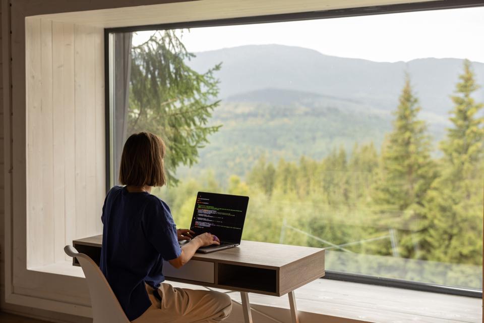 Woman works a remote job in house viewing nature out window