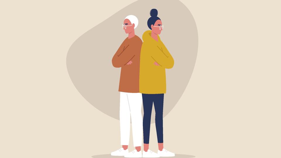 Young displeased characters standing back to back with arms crossed, quarrel, misunderstanding, emotional problems