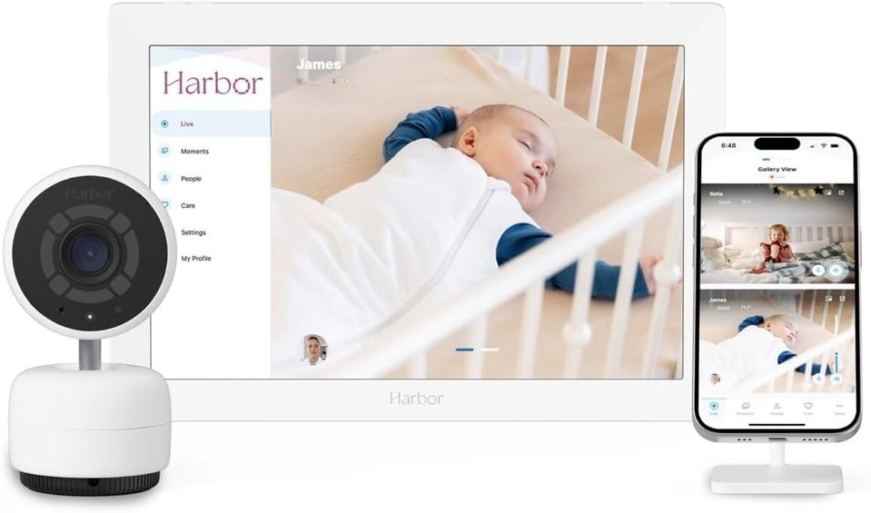 Harbor Baby Monitor: Camera, parent unit, and smart phone displaying the app