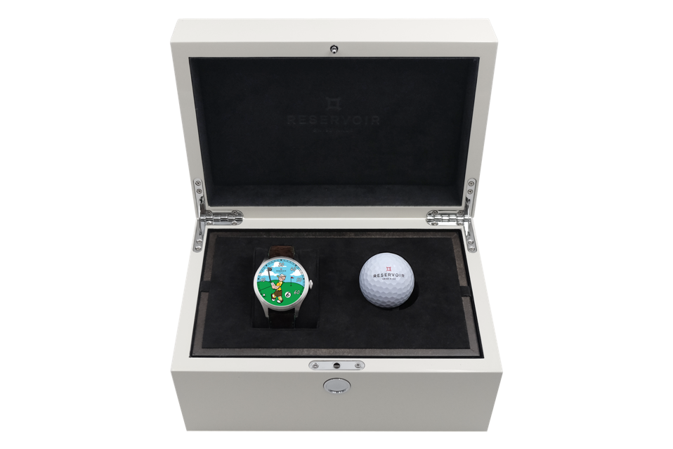 Reservoir Popeye Golf watch with wooden collector's box and a customized golf ball