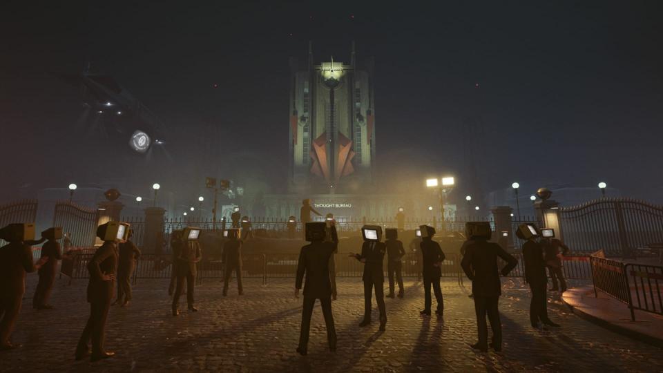 Karma The Dark World TV heads standing in a main square