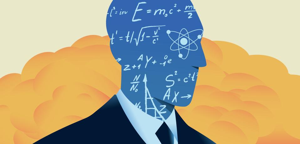 Silhouette of scientist with physic formulas and nuclear explosion at background