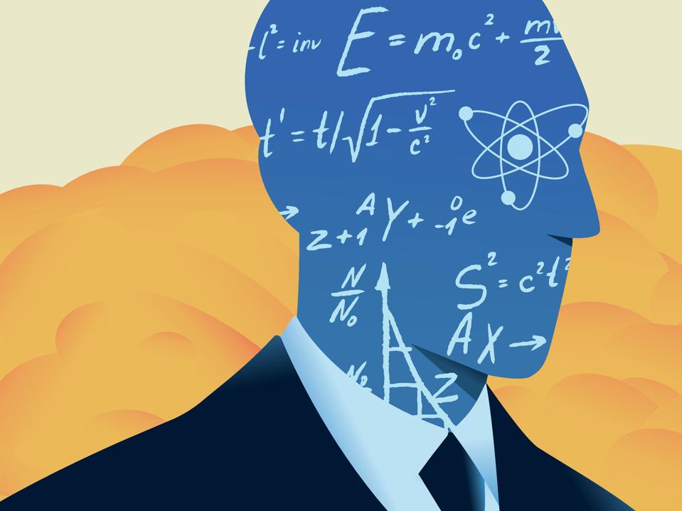 Silhouette of scientist with physic formulas and nuclear explosion at background