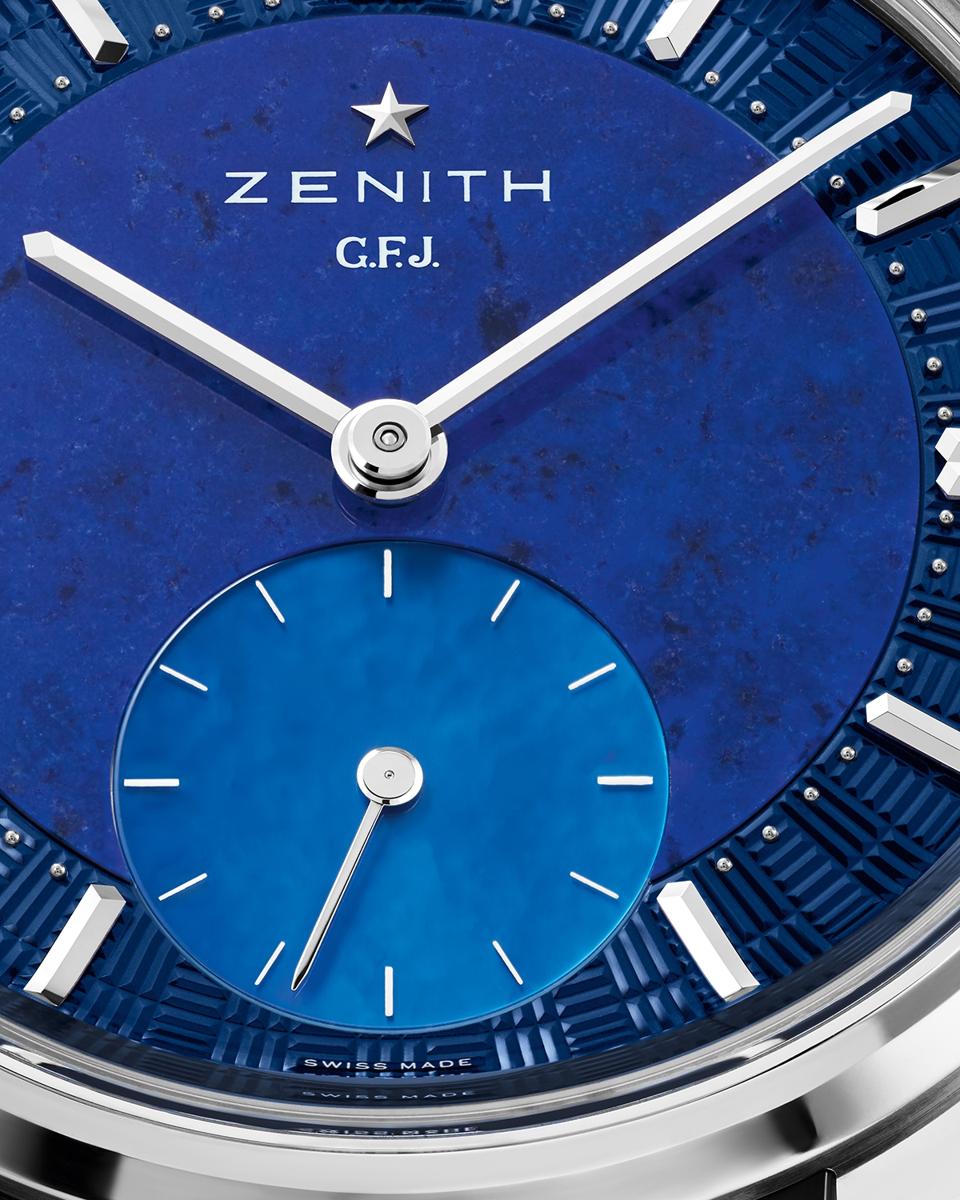 The dial of the Zenith G.F.J. is lapis lazuli at the center and mother-of-pearl on the seconds subdial.