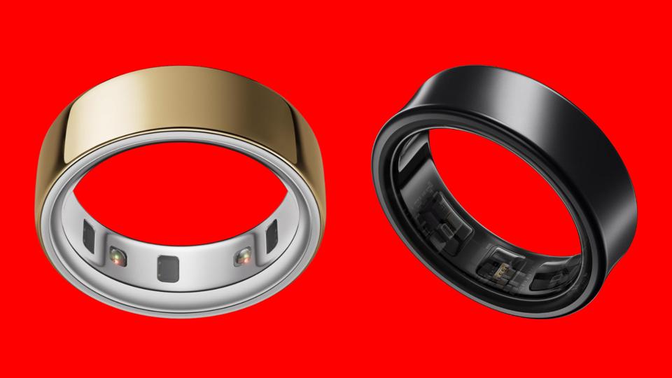 Two of the best smart rings against a bright red background.