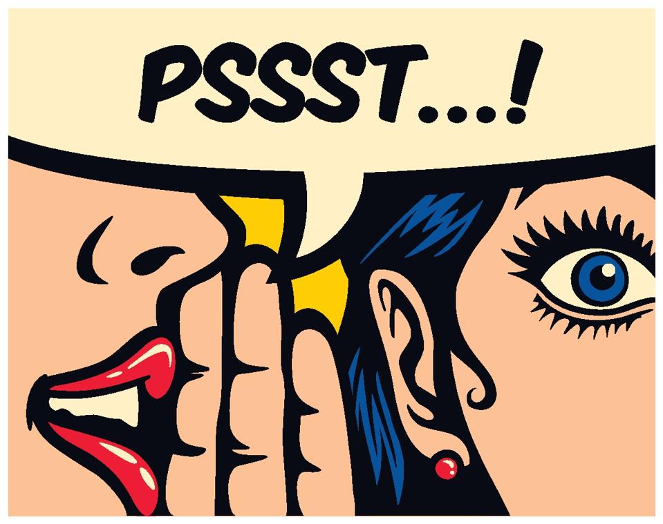 Pop art style comics panel gossip girl whispering secret in ear word of mouth.