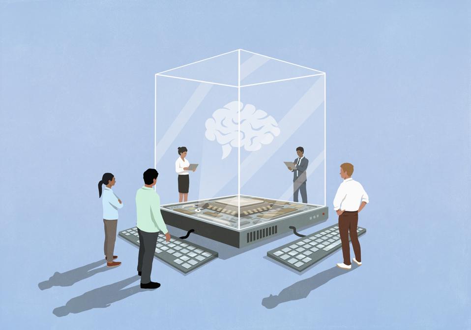 Illustration of multiple people in business clothing studying a cube structure with an 