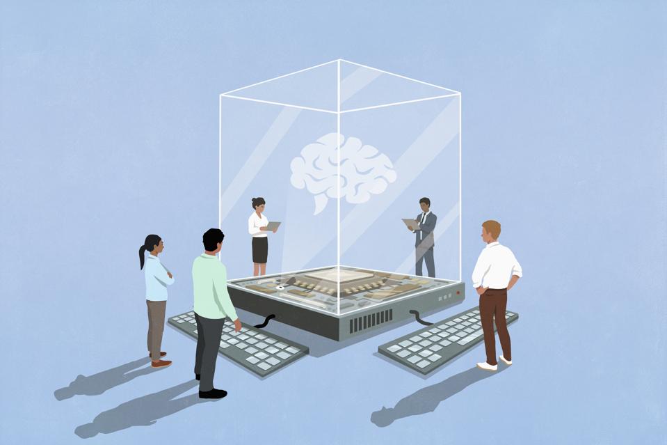 Illustration of multiple people in business clothing studying a cube structure with an "AI brain" inside. Two of the people are taking notes on laptops. Keyboards are attached to the cube. Businesses learning how to use AI concept.